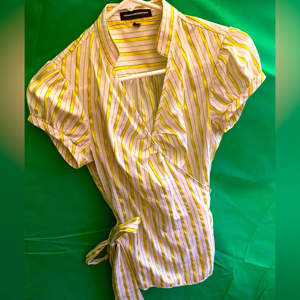 EXPRESS White & Yellow Striped Wrap-Around Blouse 2011